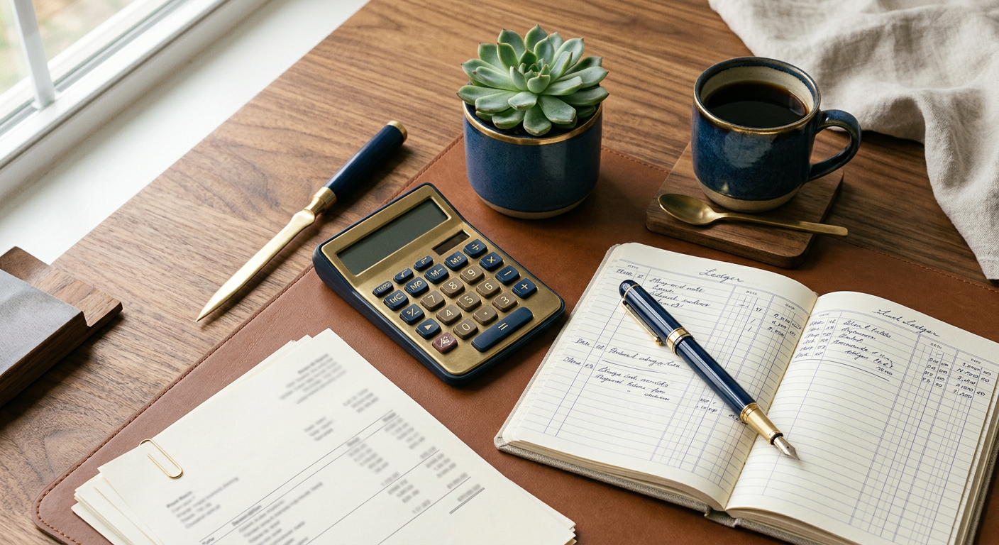 Tidy advisory workspace with a ledger, calculator and fountain pen