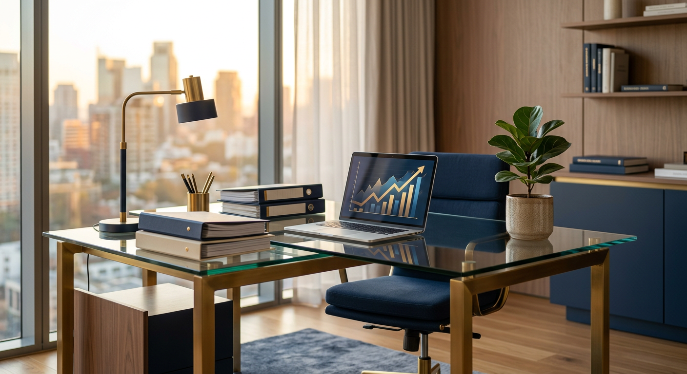 Modern advisory office desk with financial documents and a laptop, representing Nexus Advisory Services